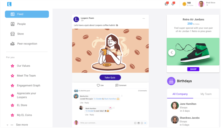 Eloops employee engagement platform - company social feed example